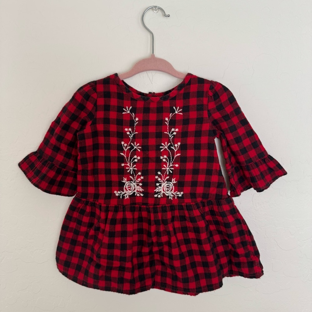 Baby GAP Red and Black Plaid Peplum Shirt with Floral Embroidery